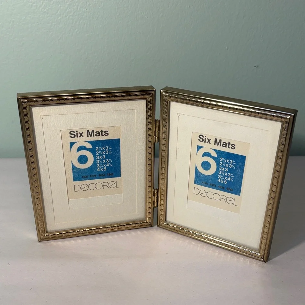Gold Tone Bi-Fold Double Picture Frame with 6 Mats